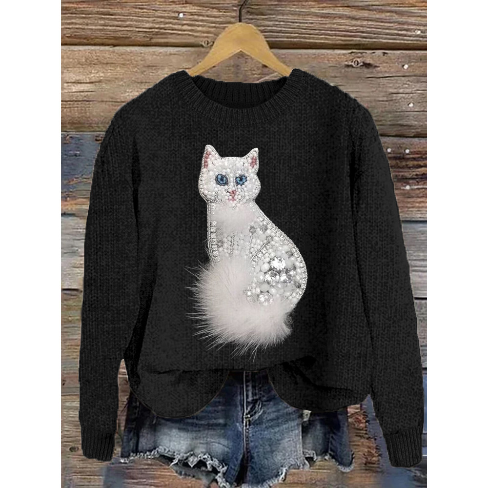 Lovely Cat Plush Pearl Art Casual Cozy Knit Sweater