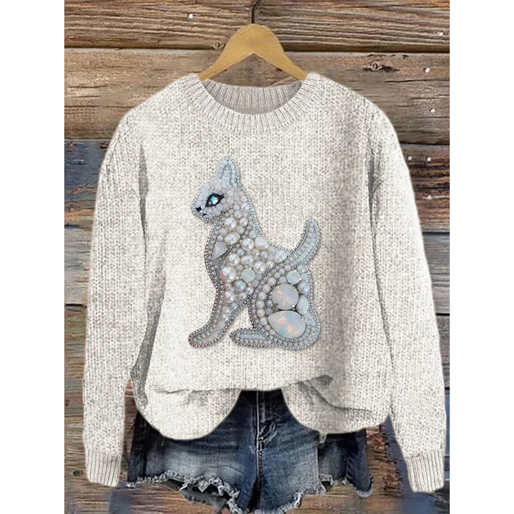 Lovely Cat Plush Pearl Art Casual Cozy Knit Sweater