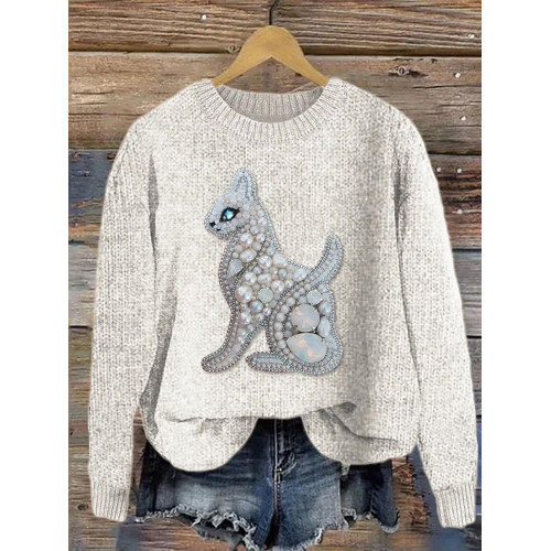 Lovely Cat Plush Pearl Art Casual Cozy Knit Sweater