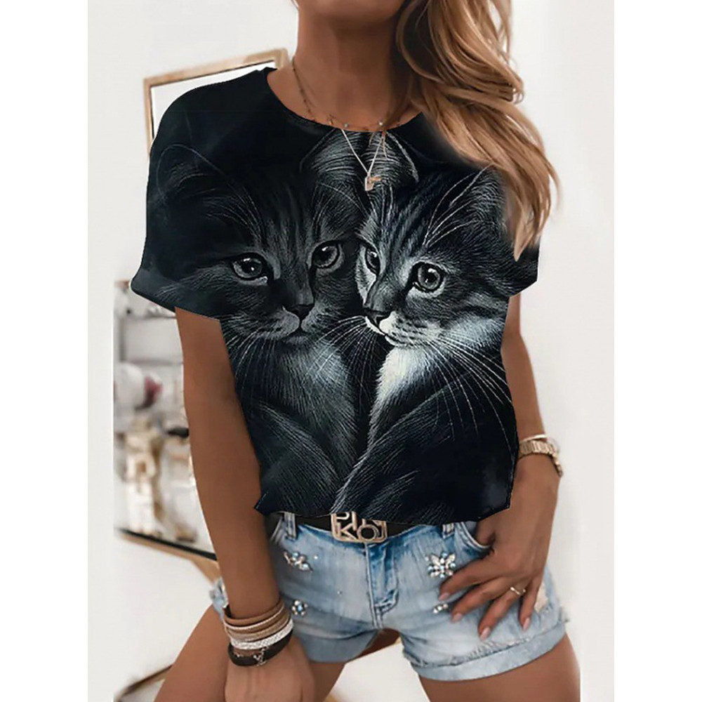 Lovely Cat Print Casual Tee