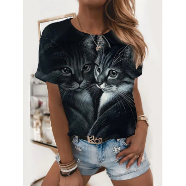 Lovely Cat Print Casual Tee
