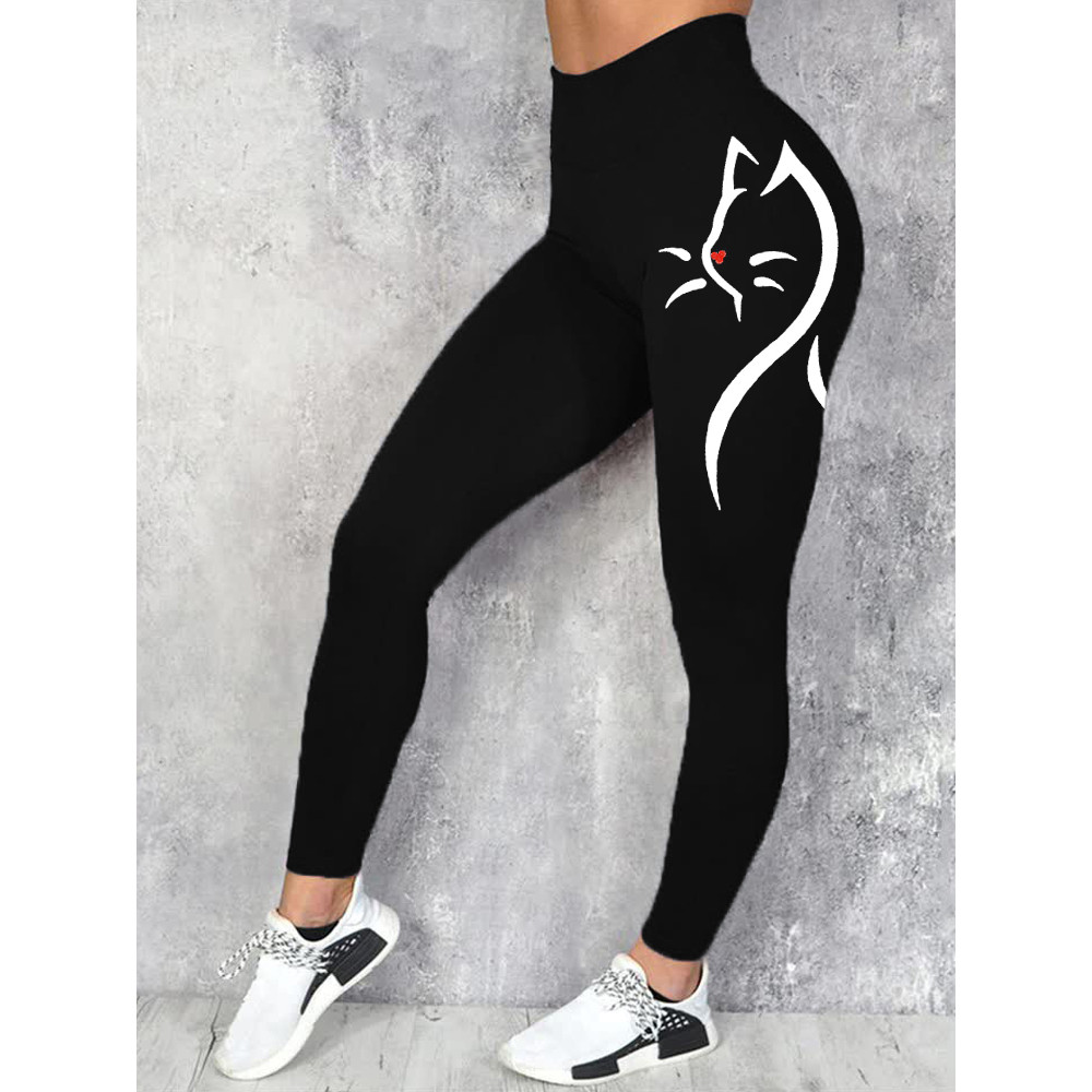 Lovely Cat Silhouette Line Art Leggings