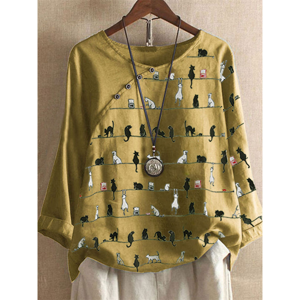 Lovely Cat Striped Patchwork Button Accent Tunic