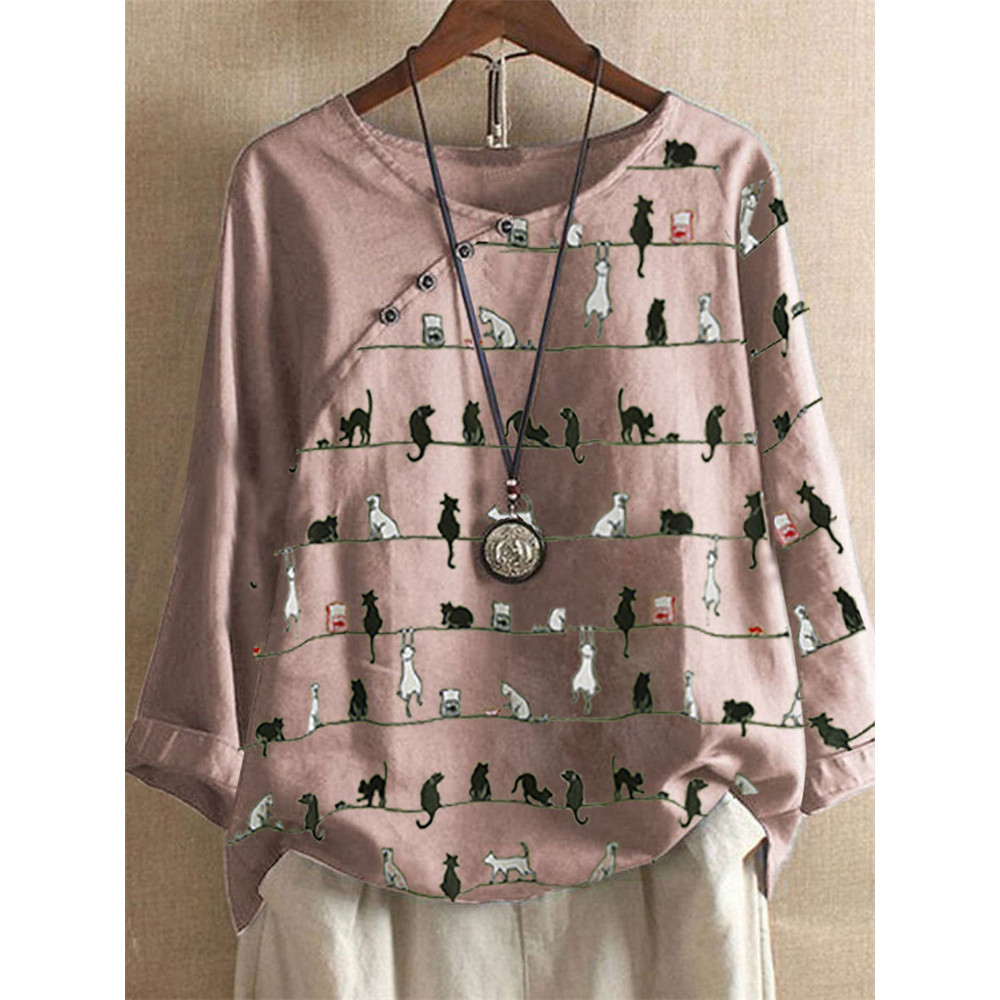 Lovely Cat Striped Patchwork Button Accent Tunic