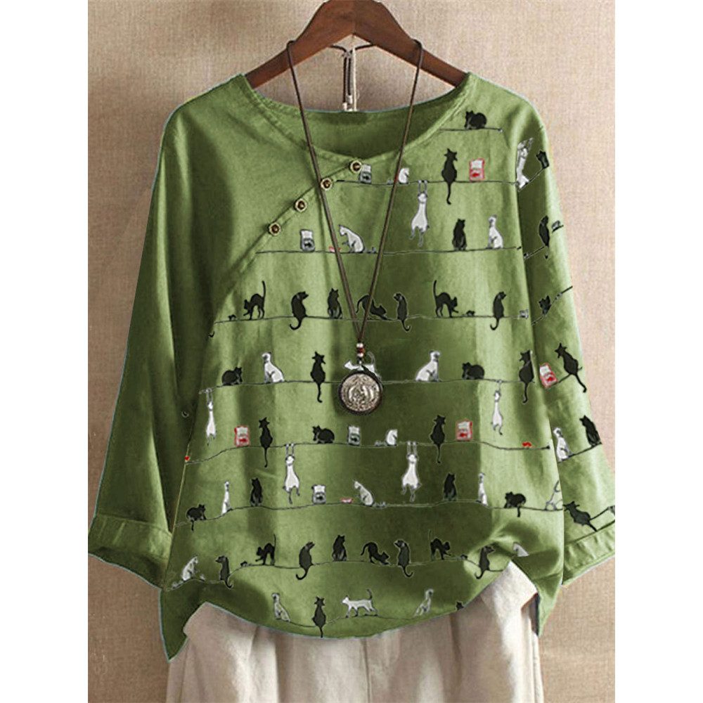 Lovely Cat Striped Patchwork Button Accent Tunic