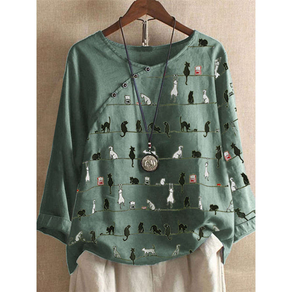 Lovely Cat Striped Patchwork Button Accent Tunic