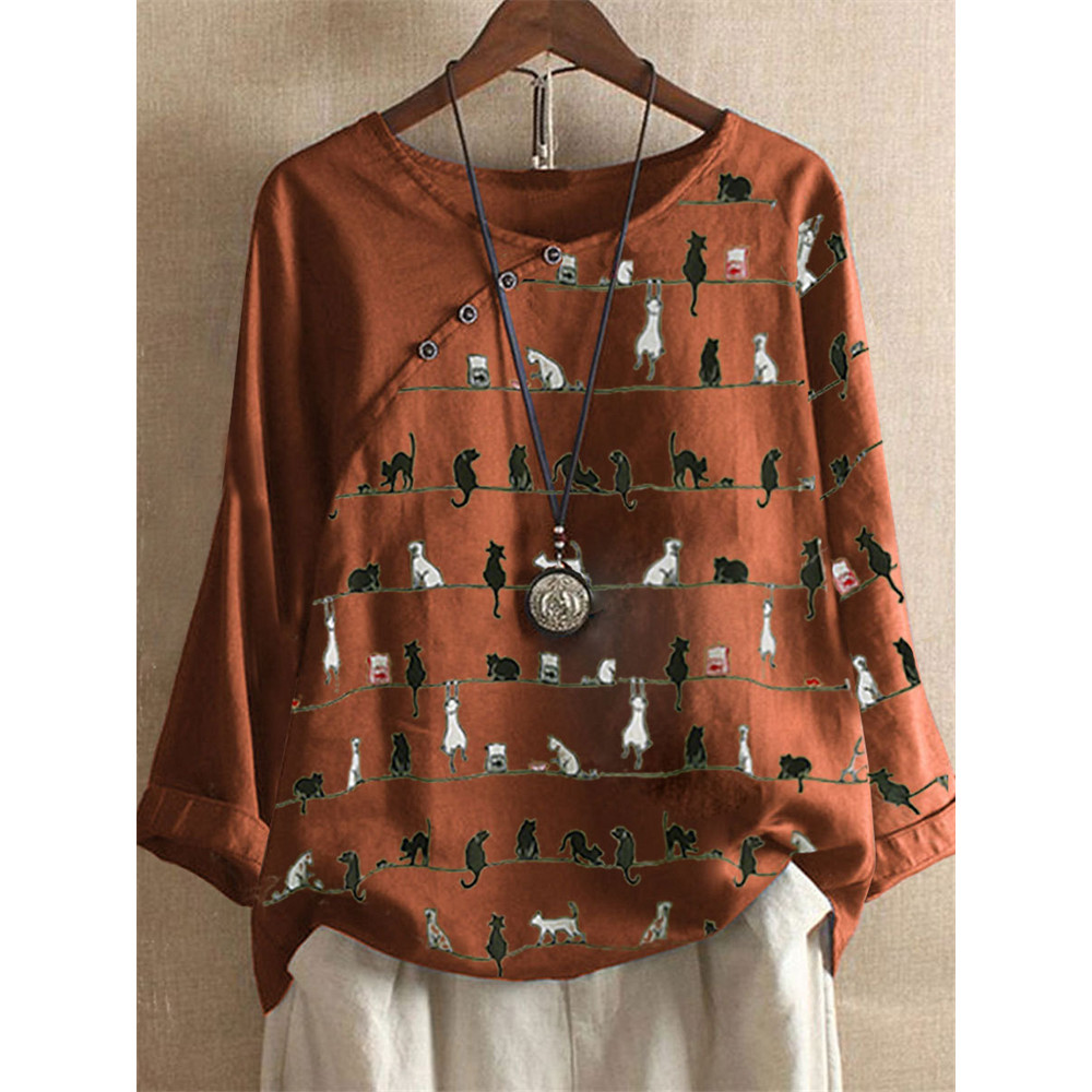 Lovely Cat Striped Patchwork Button Accent Tunic