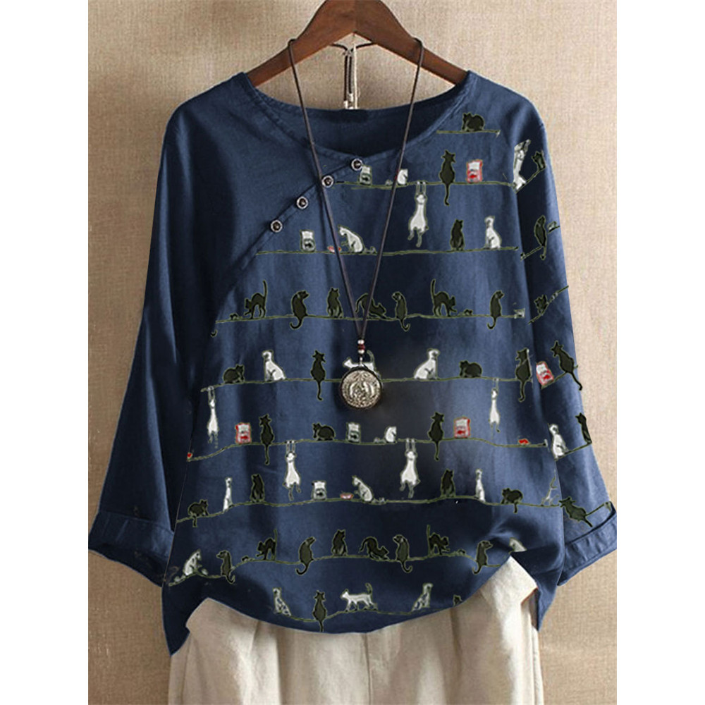 Lovely Cat Striped Patchwork Button Accent Tunic