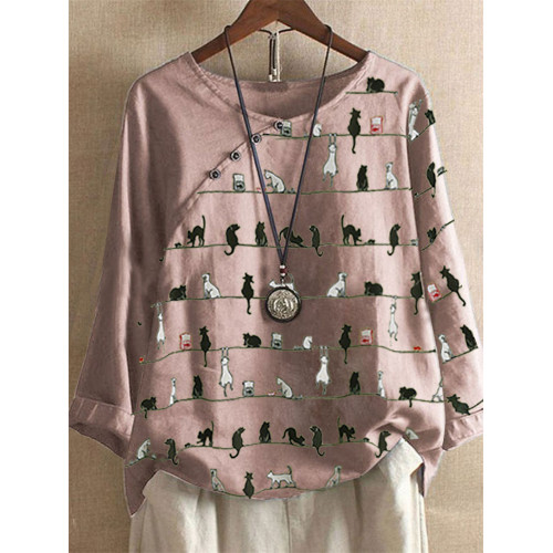 Lovely Cat Striped Patchwork Button Accent Tunic