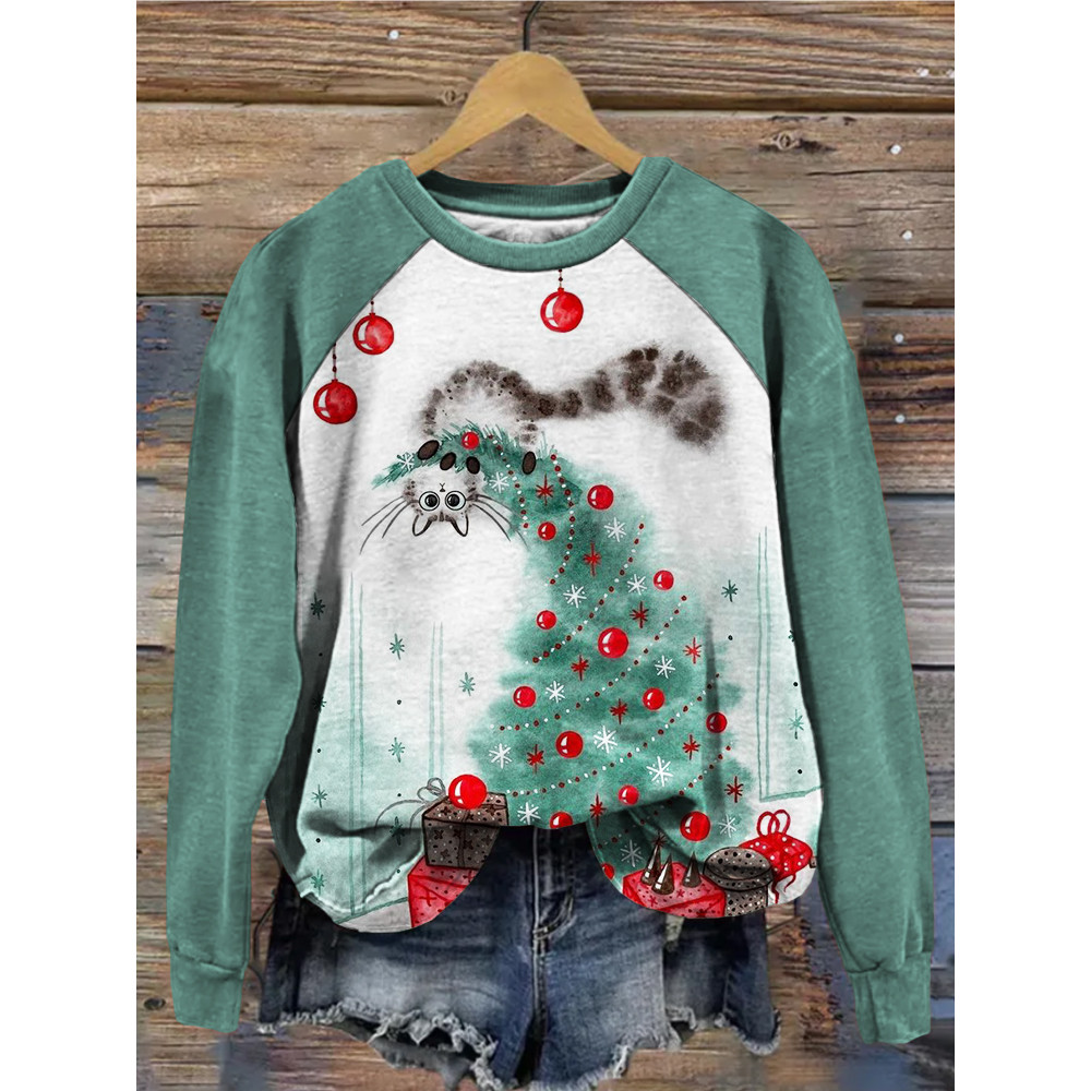 Lovely Cat & Christmas Tree Contrast Sweatshirt