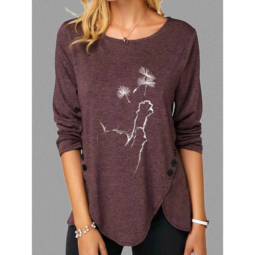 Lovely Cat & Dandelion Button Slit T Shirt