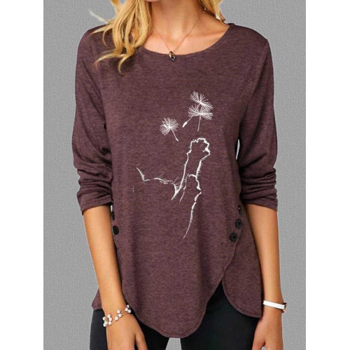 Lovely Cat & Dandelion Button Slit T Shirt