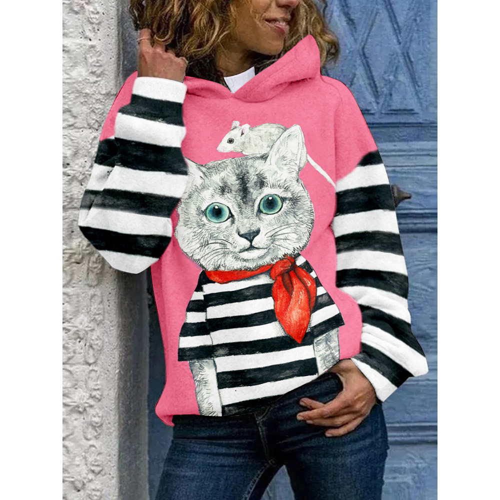 Lovely Cat & Mouse Art Contrast Stripe Sleeve Comfy Hoodie