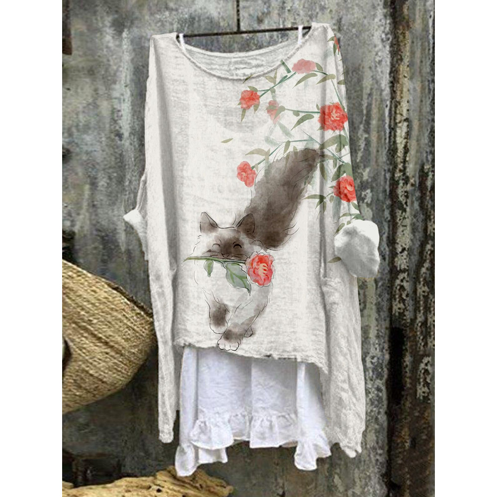 Lovely Cat with Flower Pattern Linen Blend Flowy Tunic