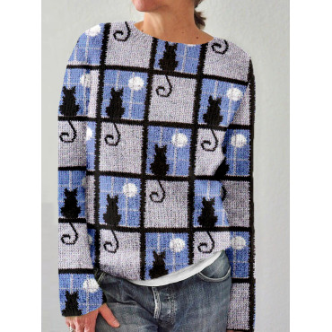 Lovely Cats Checkered Knit Art Cozy Sweater