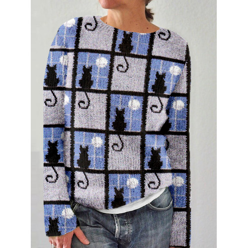 Lovely Cats Checkered Knit Art Cozy Sweater