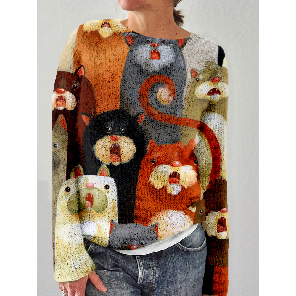 Lovely Cats Graphic Crew Neck Cozy Sweater