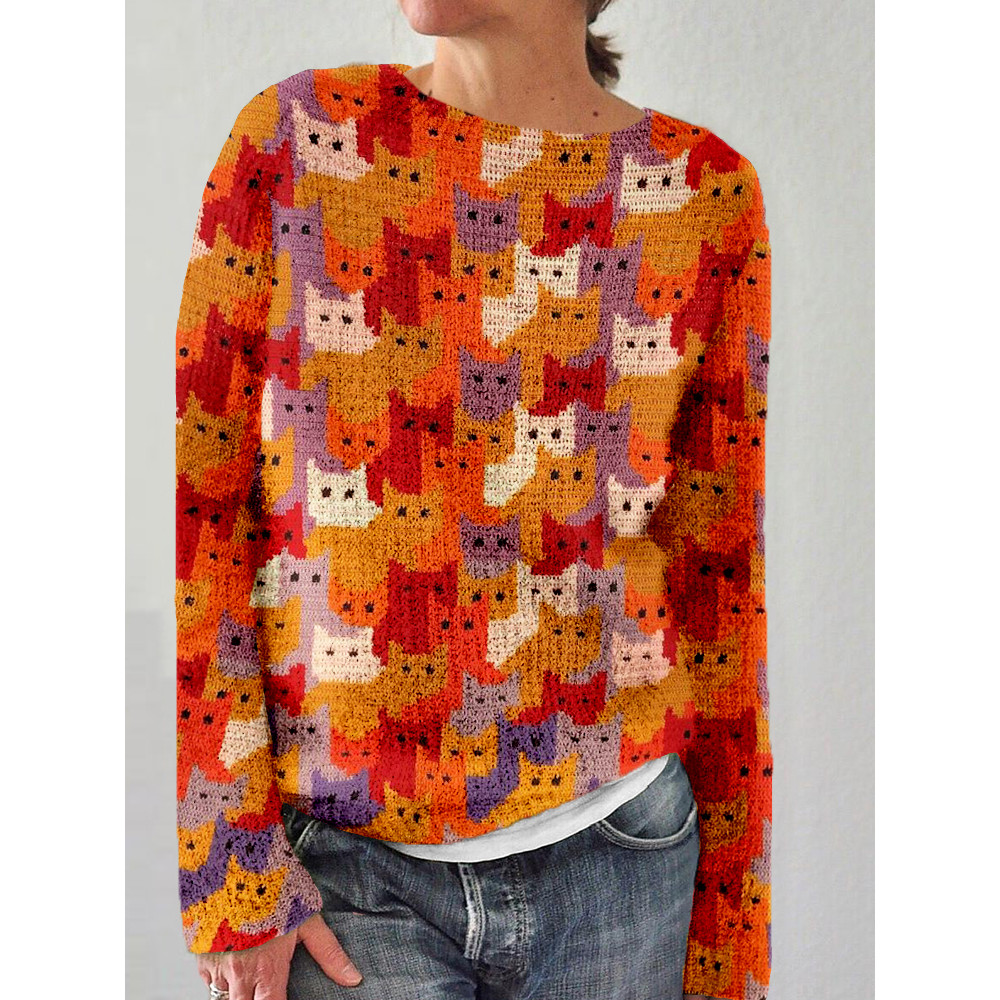 Lovely Cats Knit Art Crew Neck Comfy Sweater