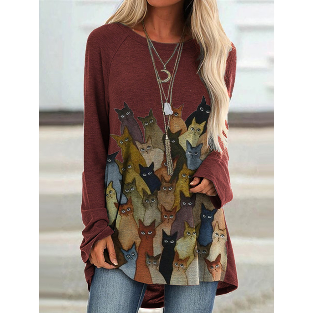 Lovely Cats Print Long T Shirt