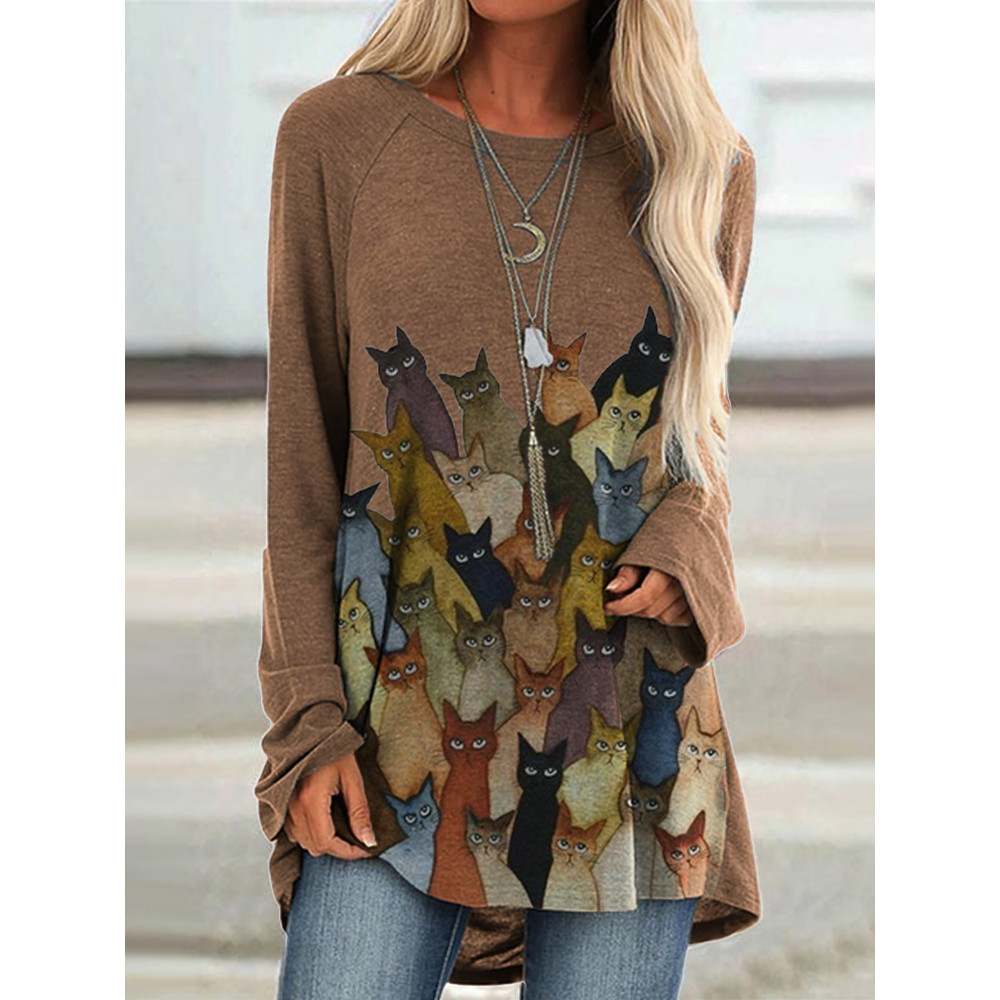 Lovely Cats Print Long T Shirt