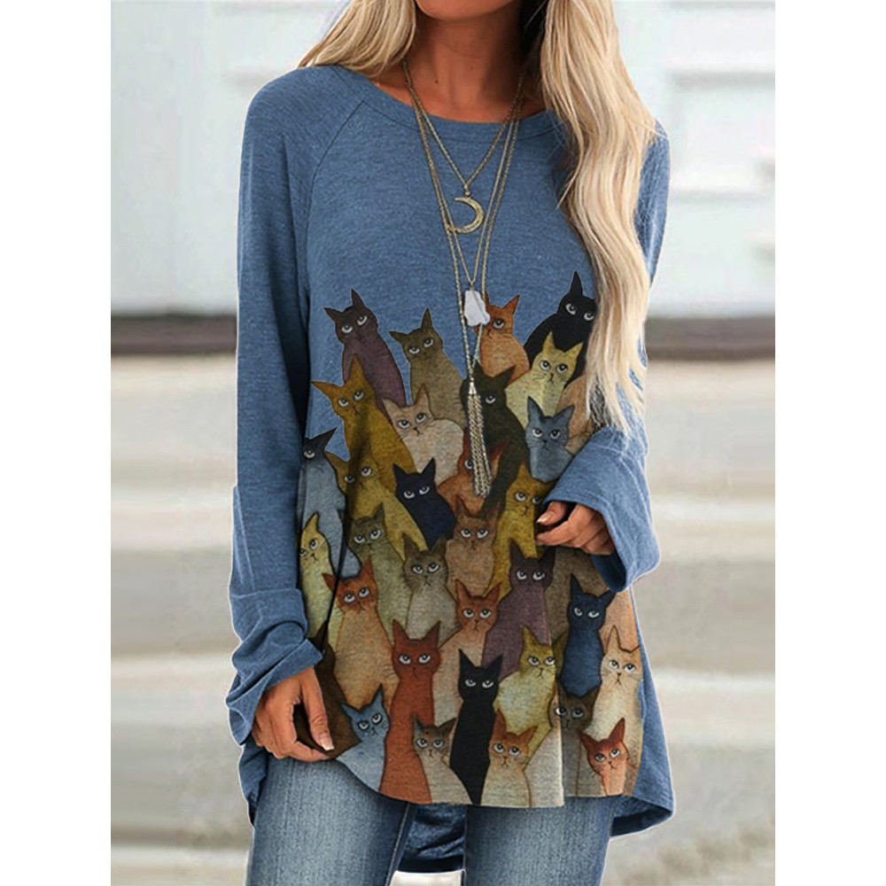 Lovely Cats Print Long T Shirt