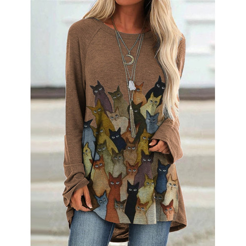 Lovely Cats Print Long T Shirt
