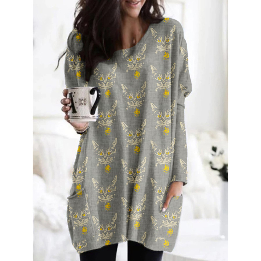 Lovely Cats Seamless Pattern Patch Pocket Comfy Tunic