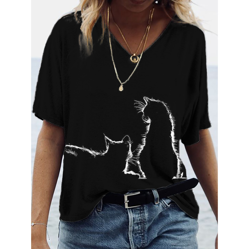 Lovely Cats Silhouette Short Sleeve Casual T-Shirt