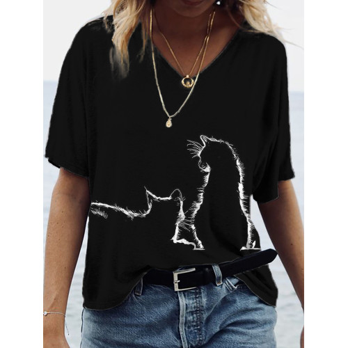 Lovely Cats Silhouette Short Sleeve Casual T-Shirt