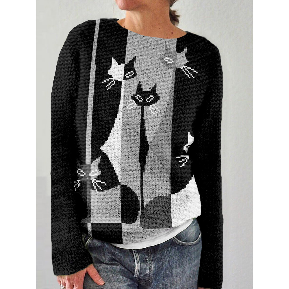 Lovely Color Block Cats Knit Art Cozy Sweater