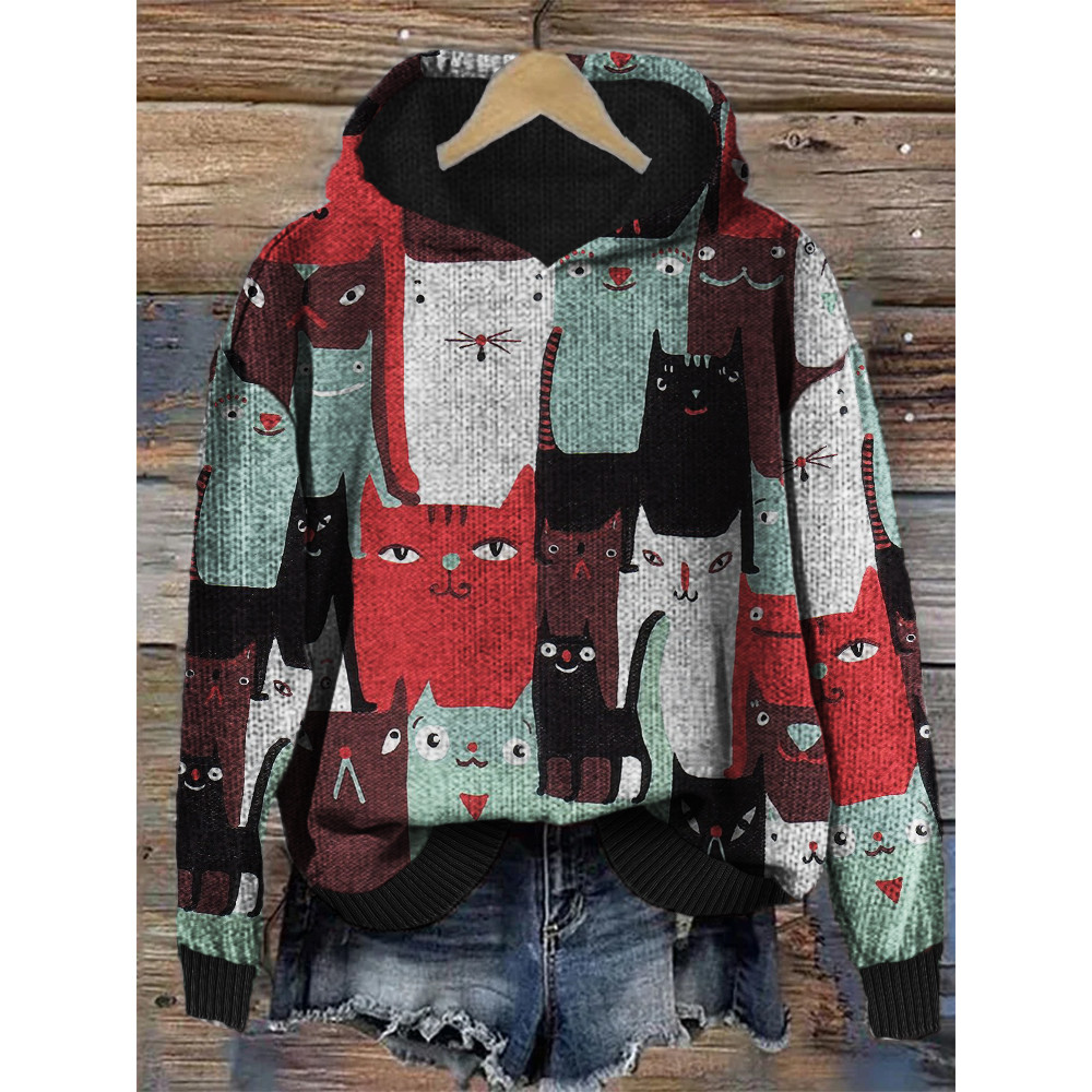 Lovely Colorful Cats Art Cozy Knit Hoodie
