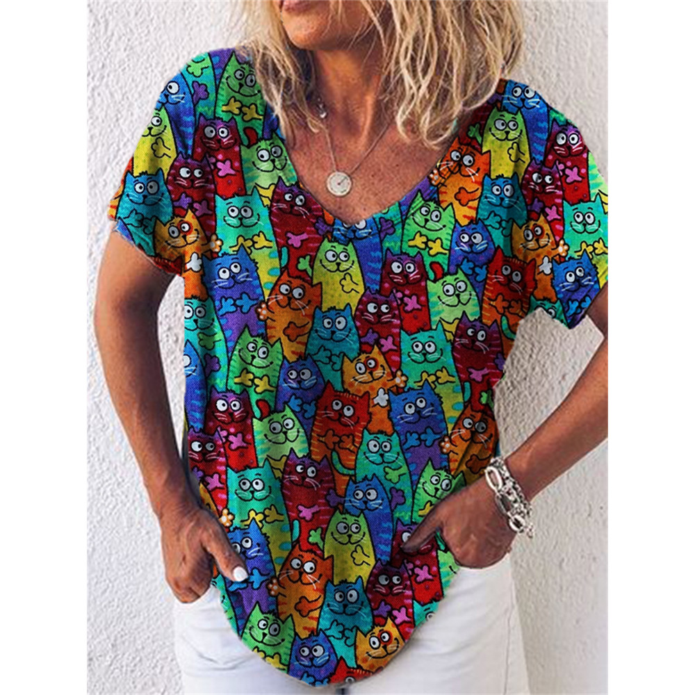 Lovely Colorful Cats V Neck T Shirt