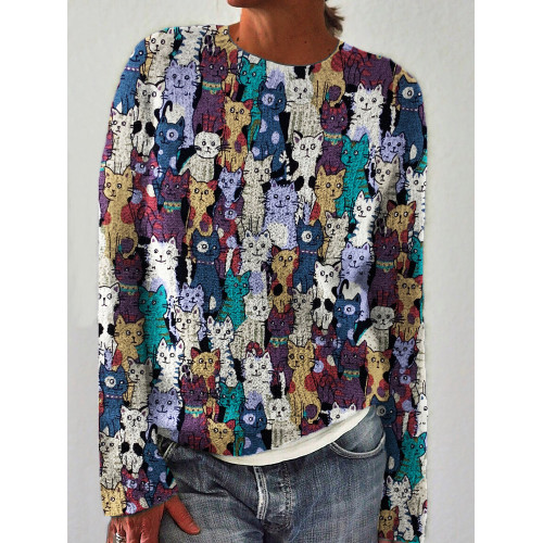 Lovely Crowded Cats Pattern Cozy Knit Sweater
