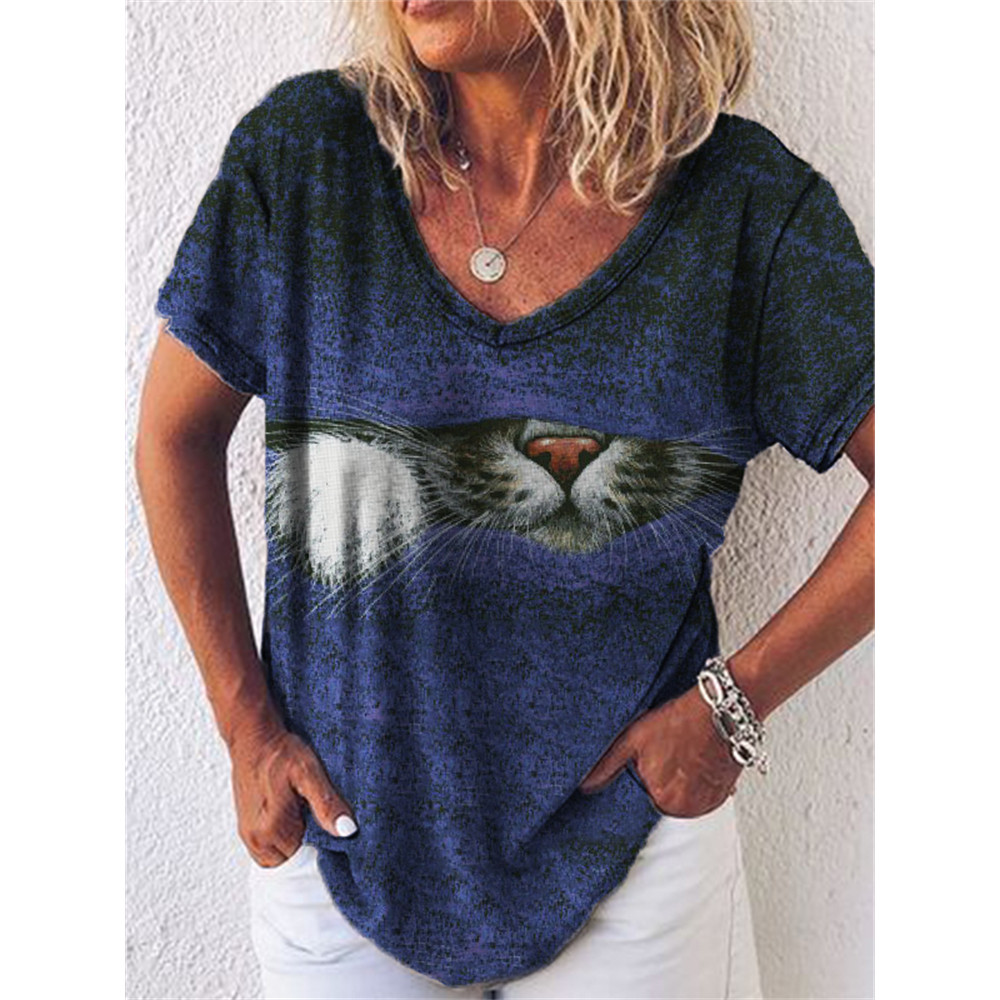 Lovely Fuzzy Cat Peeking Print Short Sleeve T Shirt
