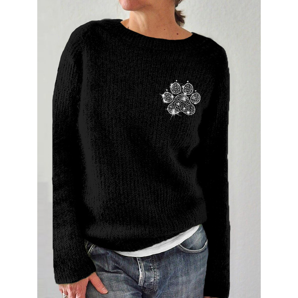 Lovely Glitter Paw Art Pattern Crew Neck Cozy Sweater