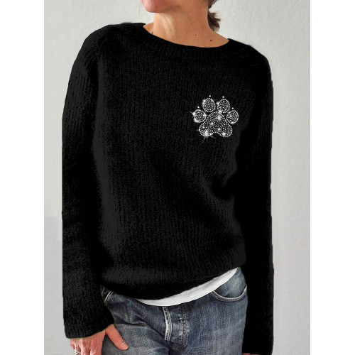 Lovely Glitter Paw Art Pattern Crew Neck Cozy Sweater