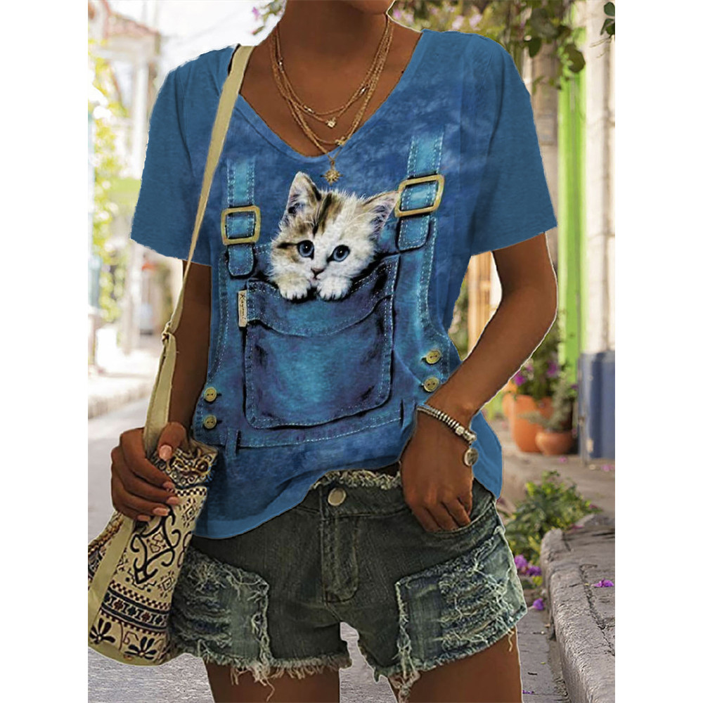 Lovely Kitten in Pocket Graphic V Neck T Shirt