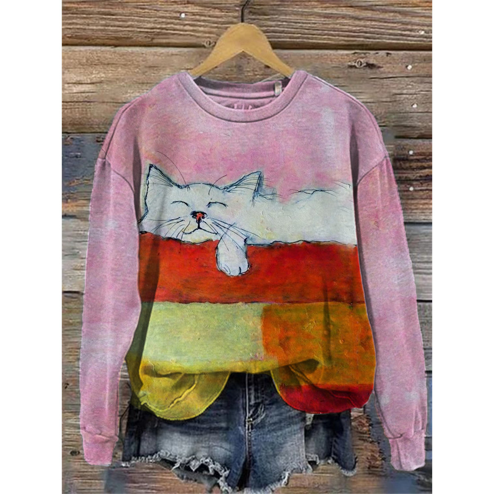 Lovely Sleeping Cat Colorblock Comfy Sweatshirt