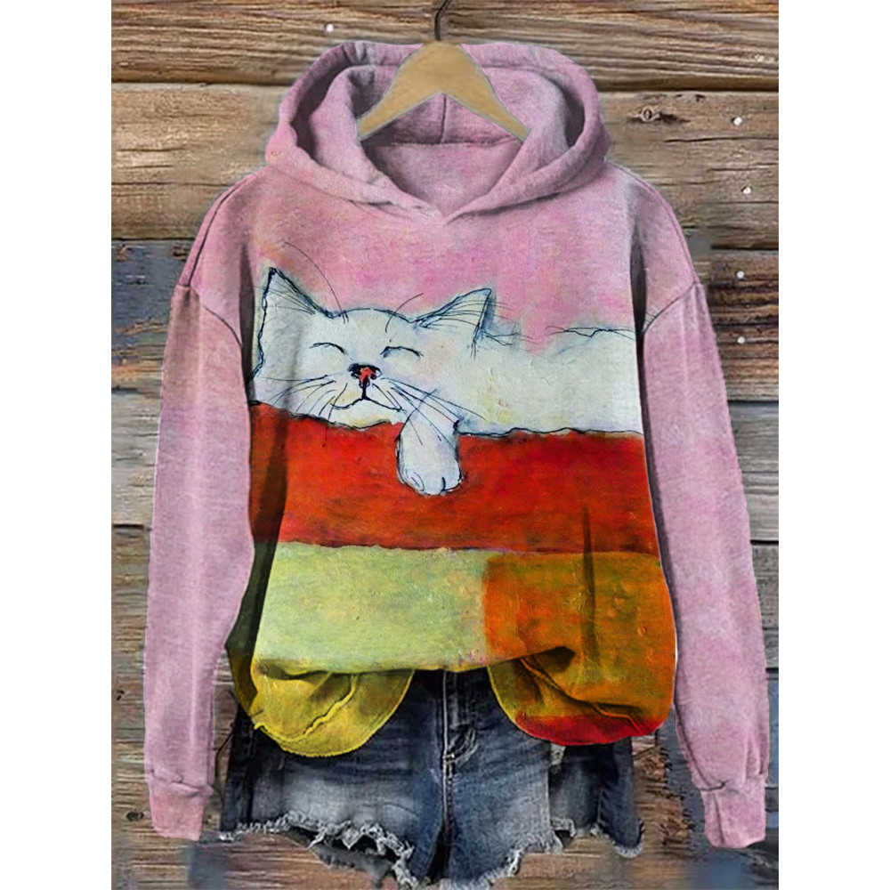 Lovely Sleeping Cat Colorblock Cozy Hoodie
