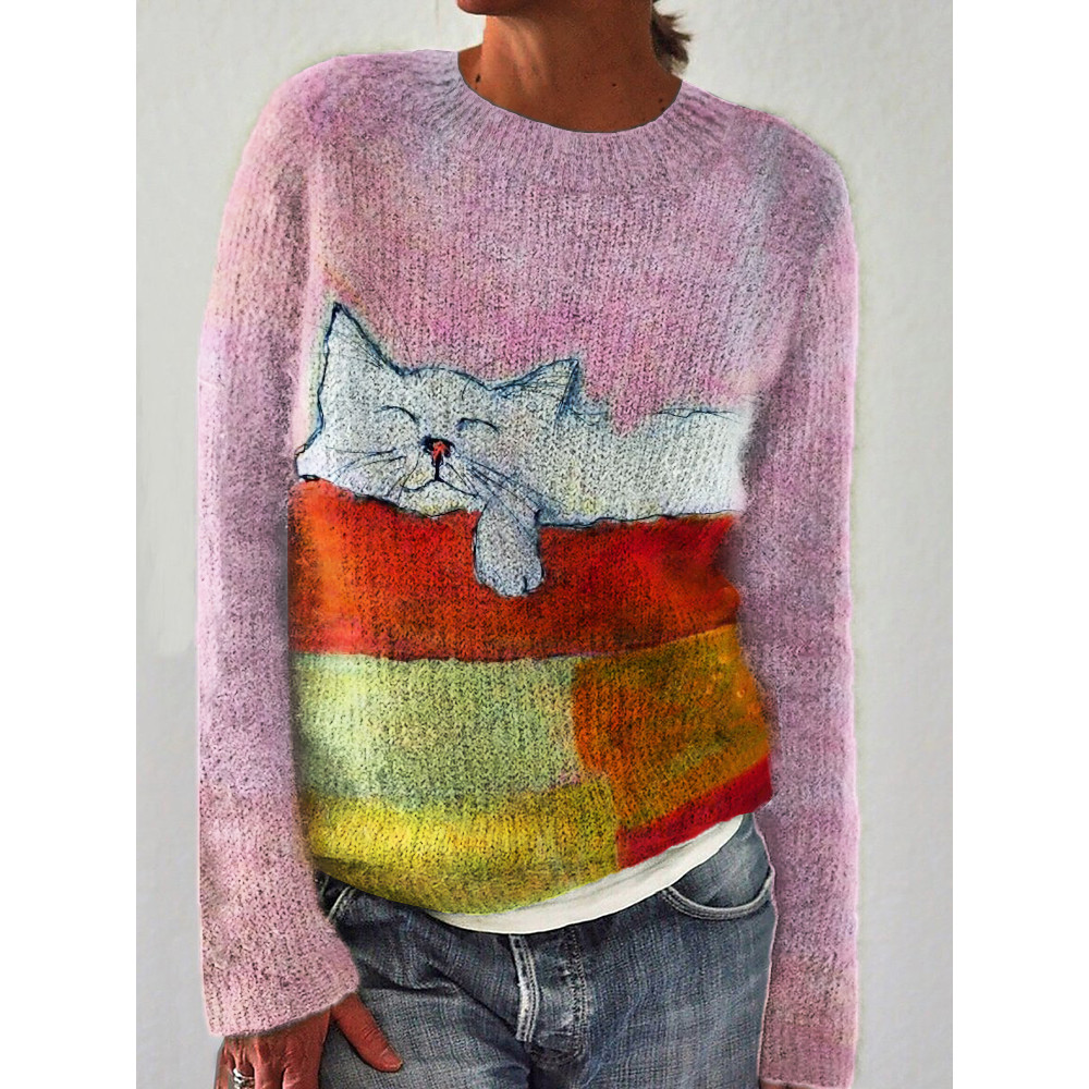 Lovely Sleeping Cat Colorblock Cozy Sweater