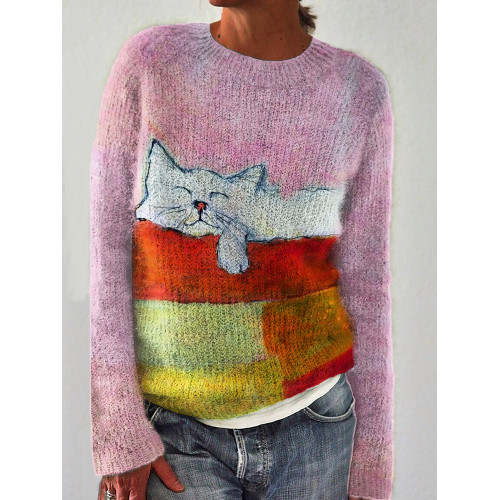 Lovely Sleeping Cat Colorblock Cozy Sweater