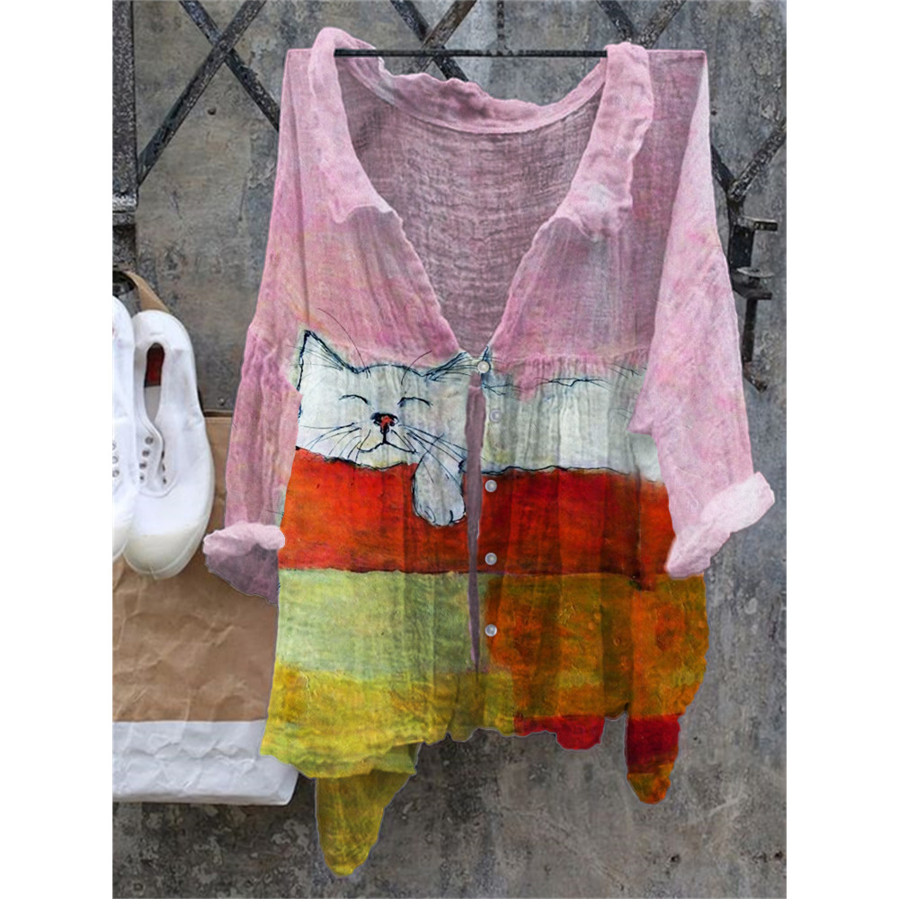 Lovely Sleeping Cat Colorblock Flowy Tunic