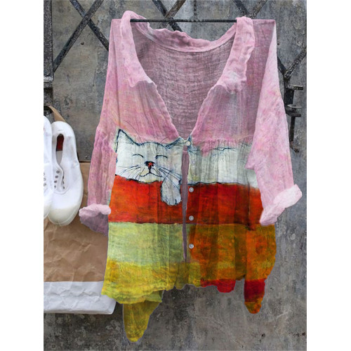 Lovely Sleeping Cat Colorblock Flowy Tunic