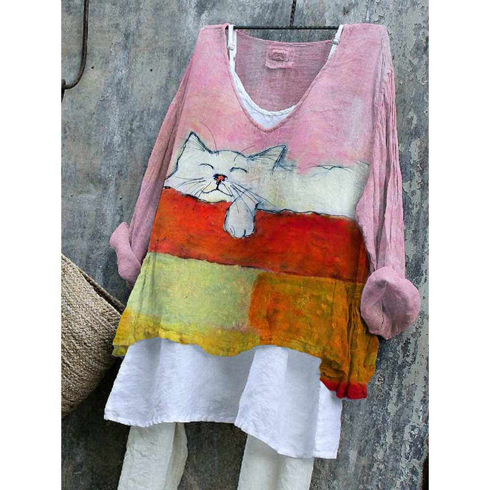 Lovely Sleeping Cat Colorblock Flowy Tunic
