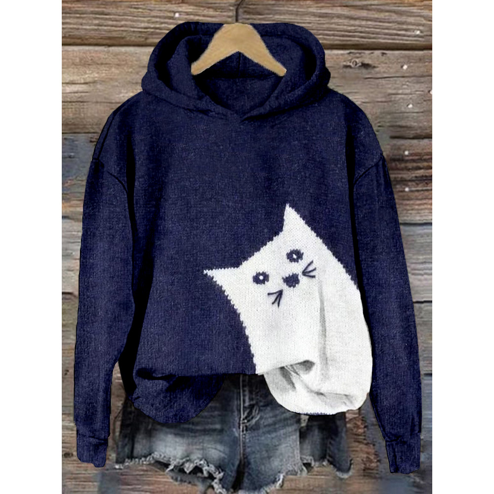 Lovely White Cat Knit Art Contrast Cozy Hoodie