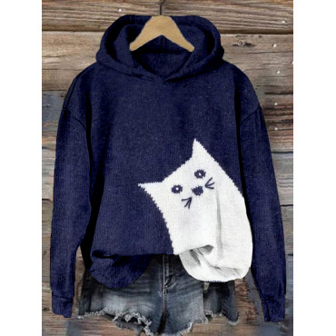 Lovely White Cat Knit Art Contrast Cozy Hoodie