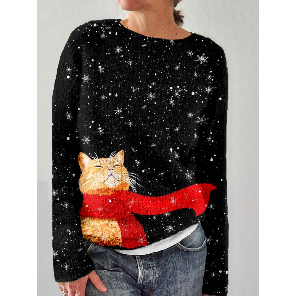 Lovely Winter Cat Art Crew Neck Cozy Sweater