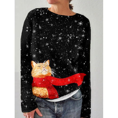 Lovely Winter Cat Art Crew Neck Cozy Sweater