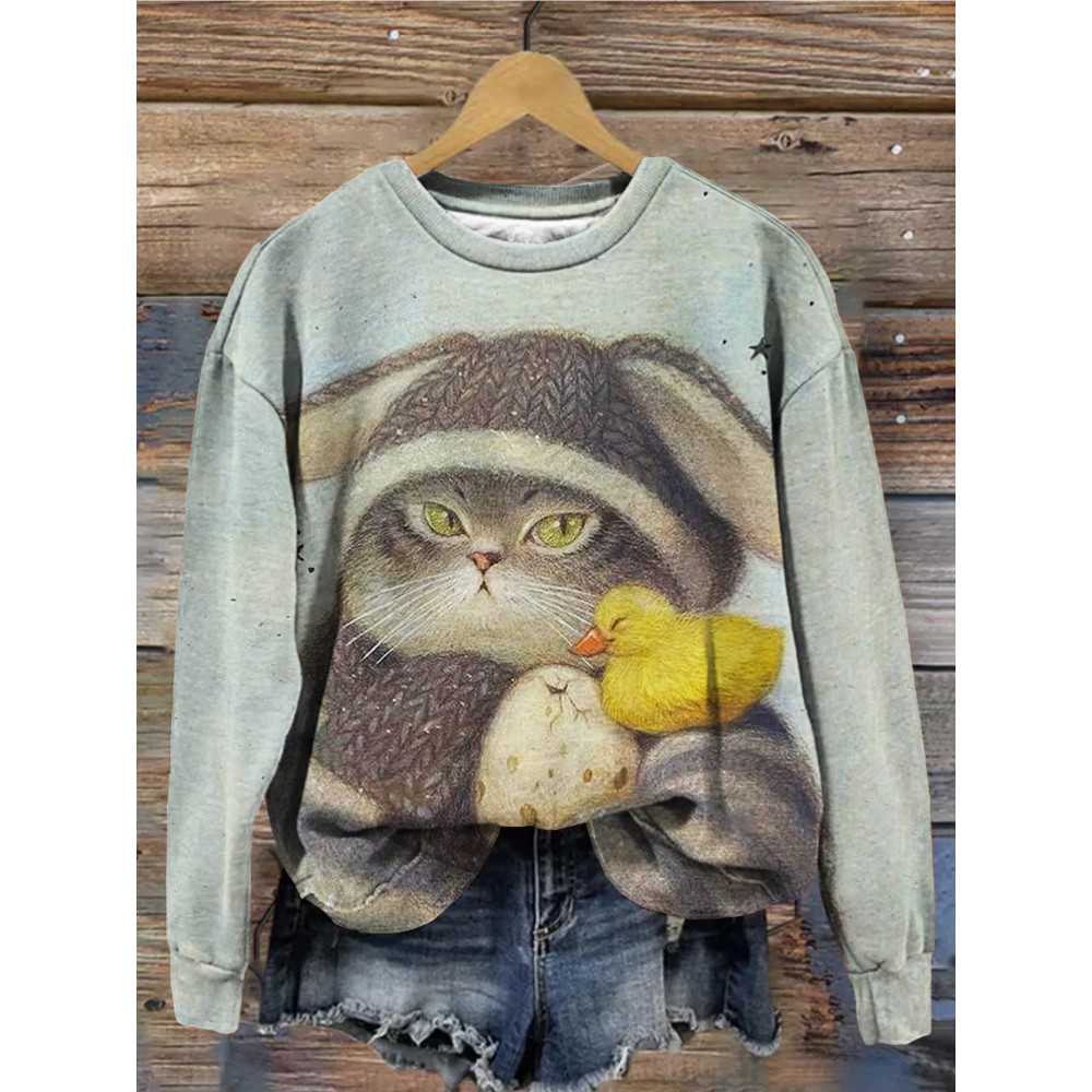 Lovely Winter Cat & Chick Graphic Comfy Sweatshirt