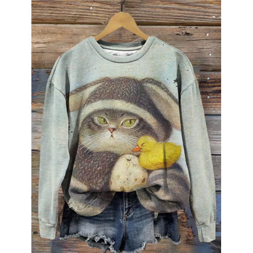 Lovely Winter Cat & Chick Graphic Comfy Sweatshirt